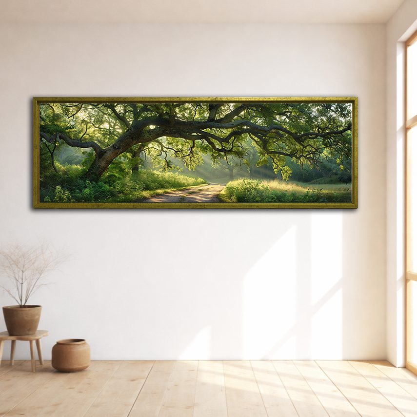 Ancient Oak Tree Country Path canvas wall art, gold floating frame