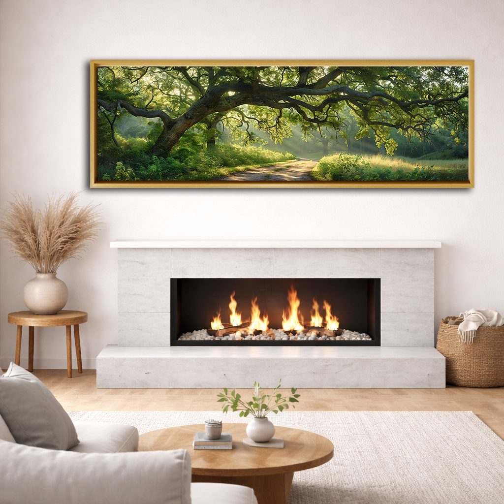 Ancient Oak Tree Country Path canvas wall art, natural wood floating frame
