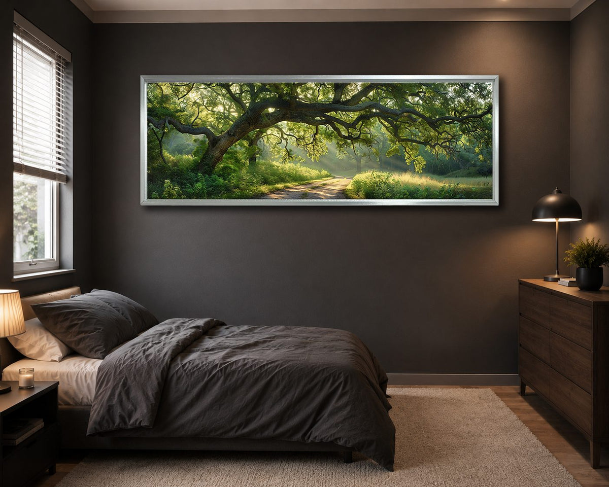Ancient Oak Tree Country Path canvas wall art, silver floating frame