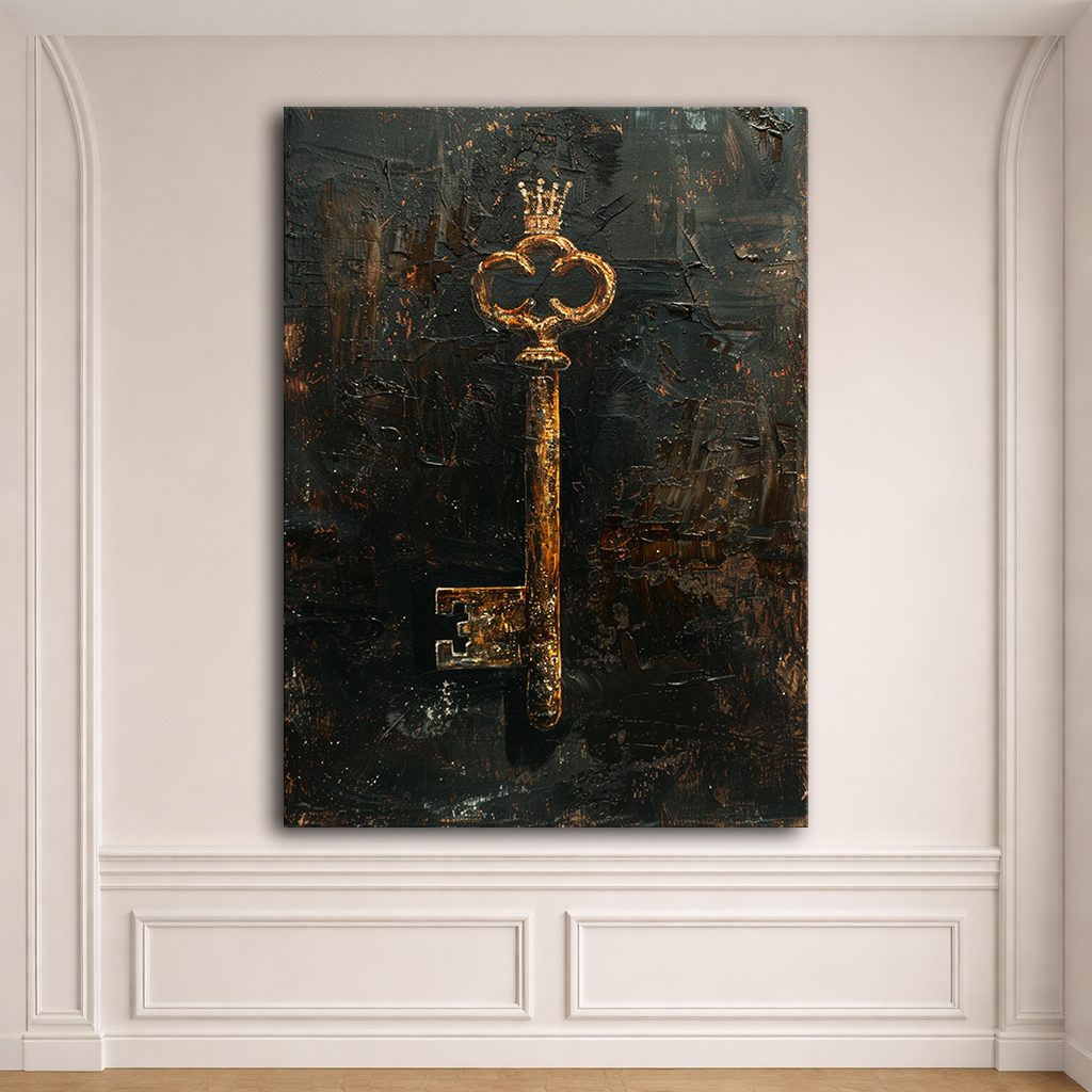 Antique Gold Key on Dark Texture canvas wall art, unframed canvas