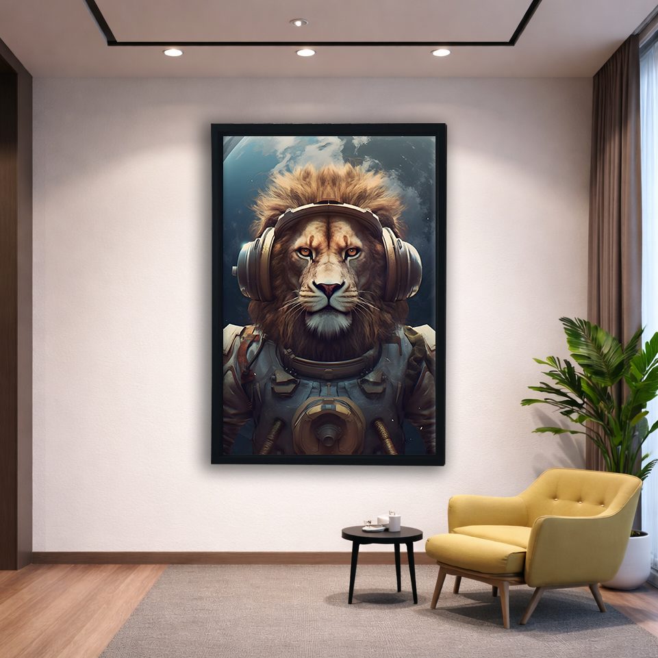 Astronaut Lion with Headphones canvas wall art, black floating frame