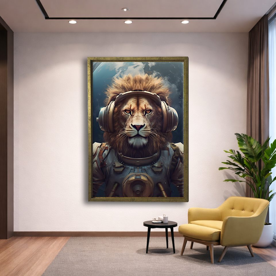 Astronaut Lion with Headphones canvas wall art, gold floating frame