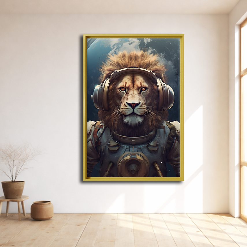 Astronaut Lion with Headphones canvas wall art, natural wood floating frame