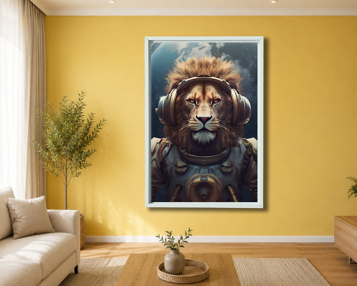 Astronaut Lion with Headphones canvas wall art, white floating frame