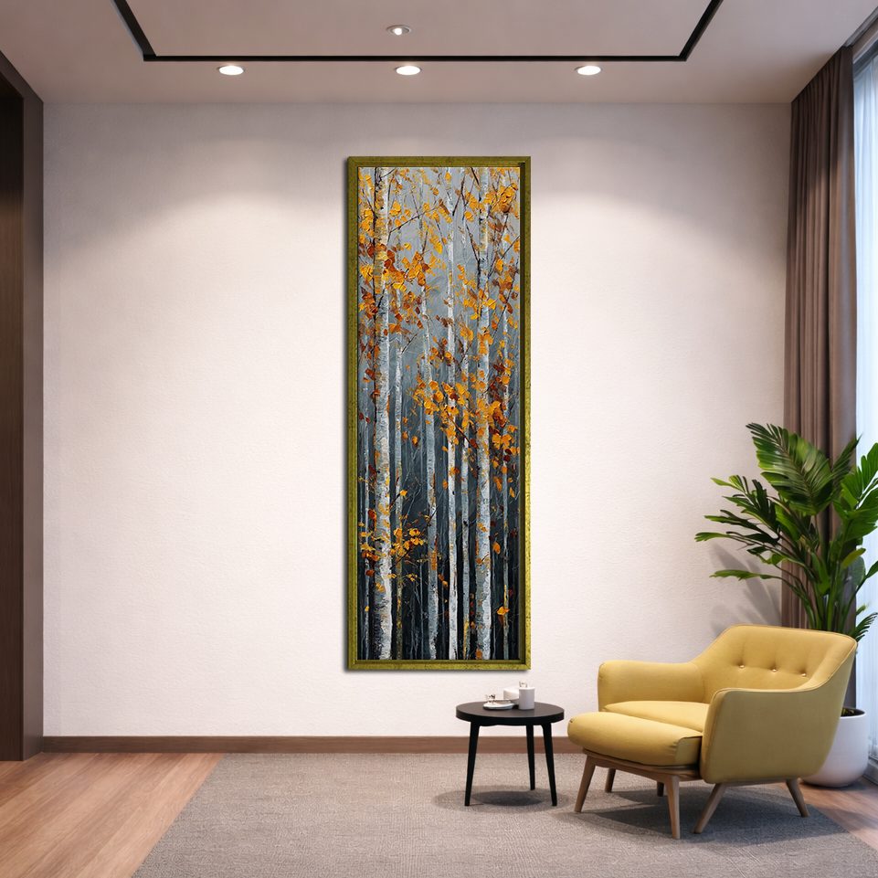 Autumn Birch Forest canvas wall art, gold floating frame