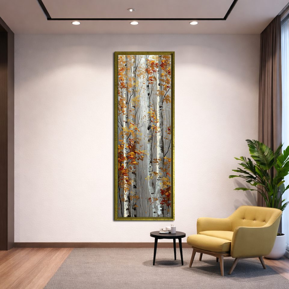 Autumn Birch Trees canvas wall art, gold floating frame