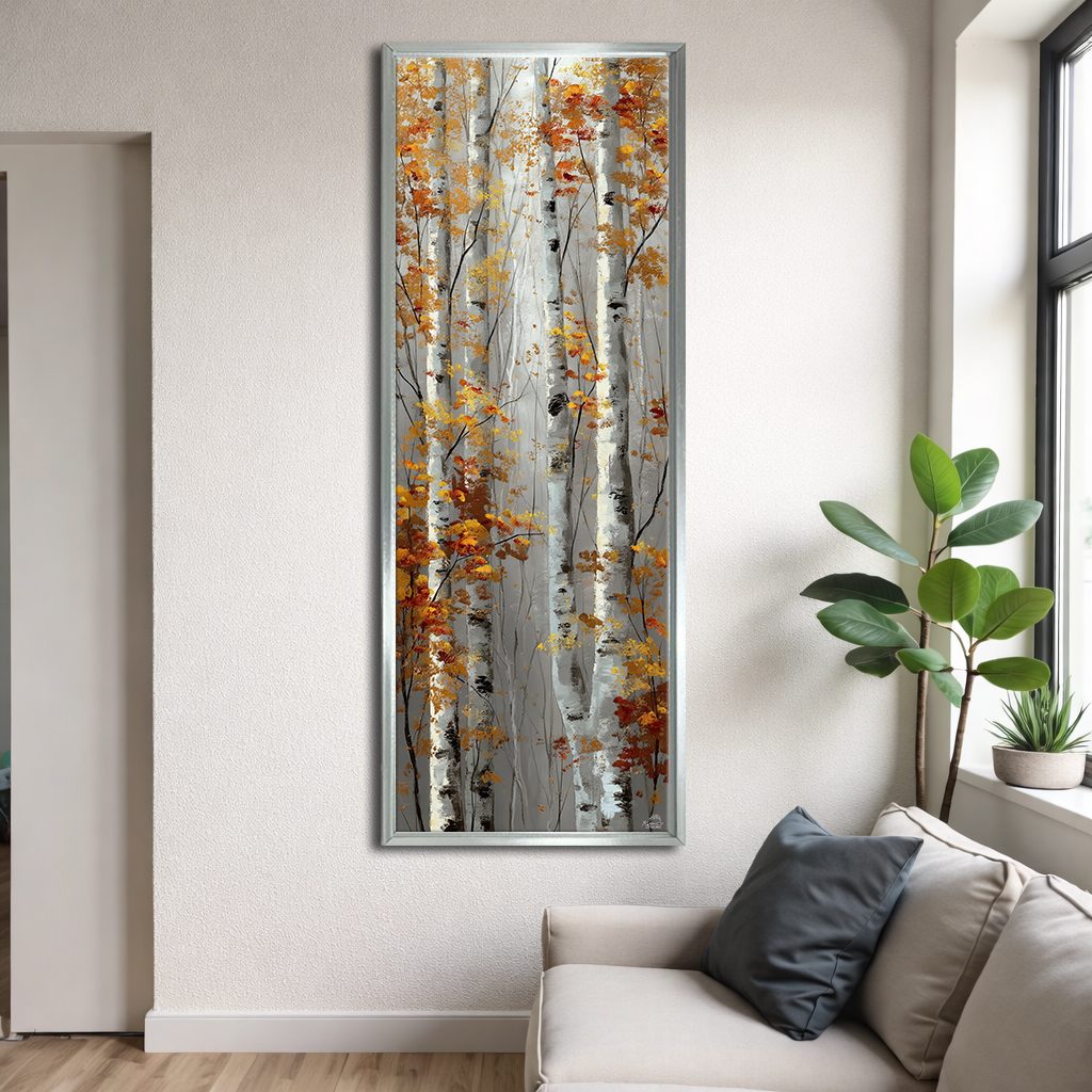 Autumn Birch Trees canvas wall art, silver floating frame