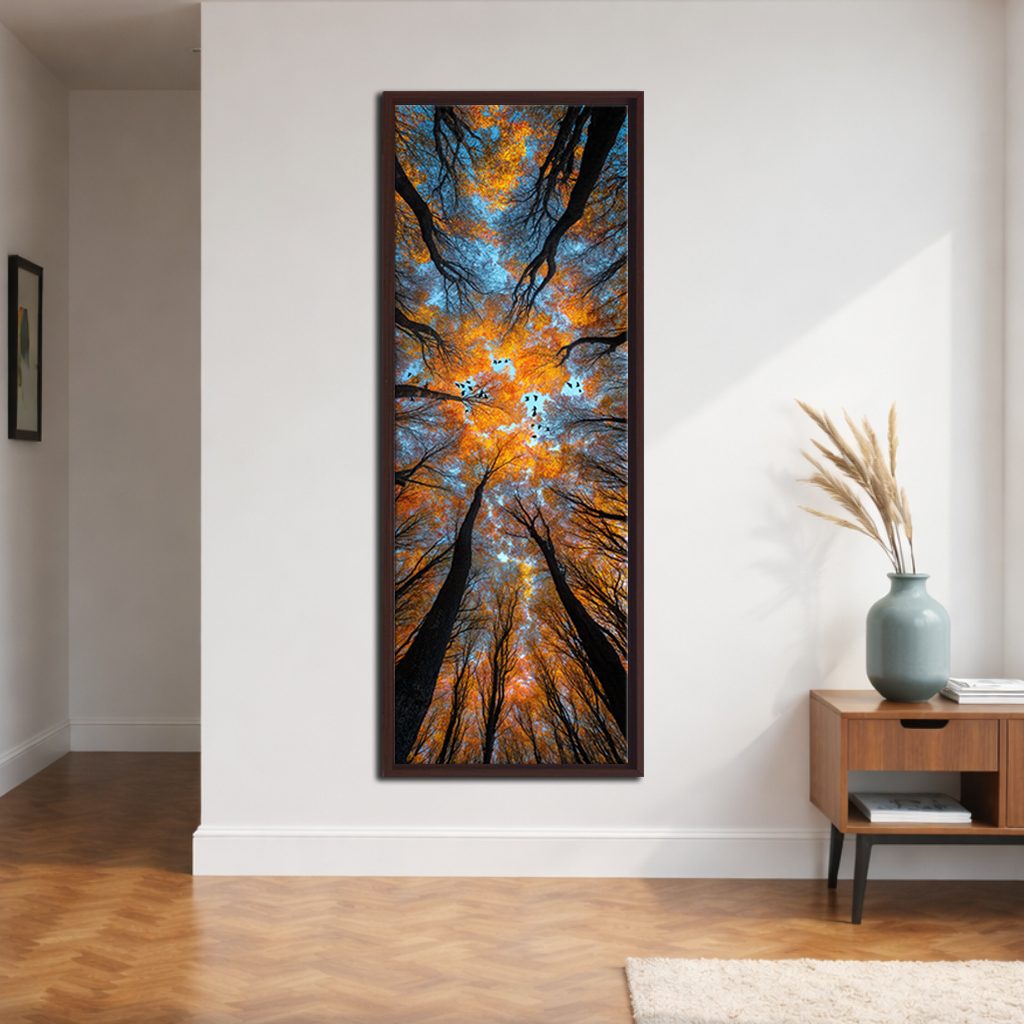 Autumn Forest Canopy from Below canvas wall art, walnut floating frame