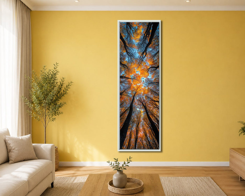 Autumn Forest Canopy from Below canvas wall art, white floating frame