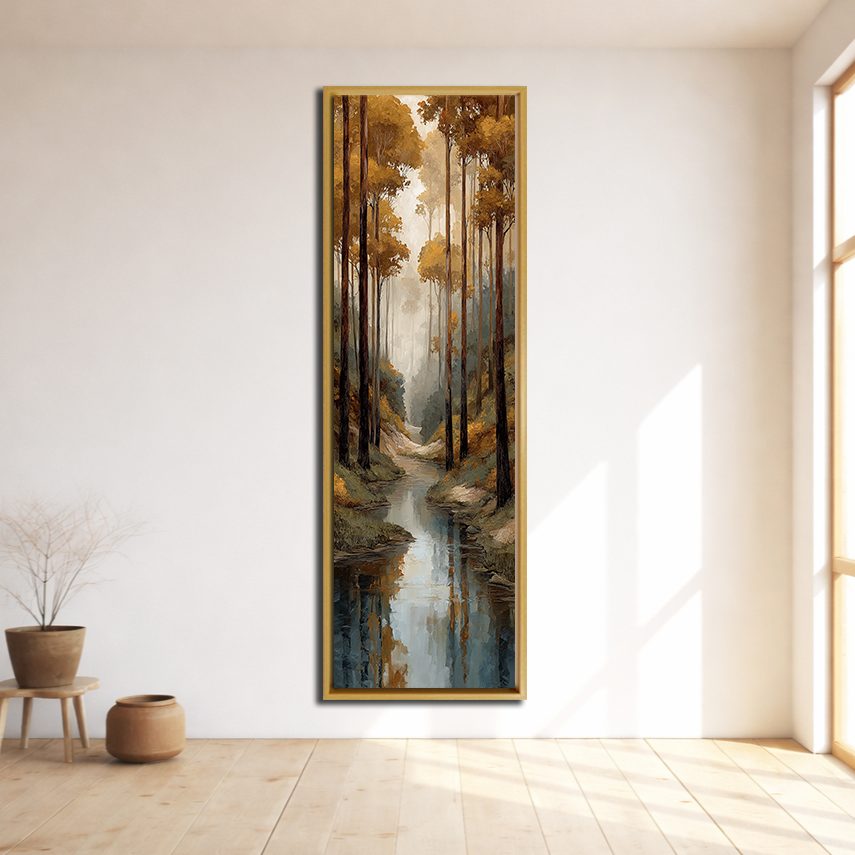 Autumn Forest Creek canvas wall art, natural wood floating frame