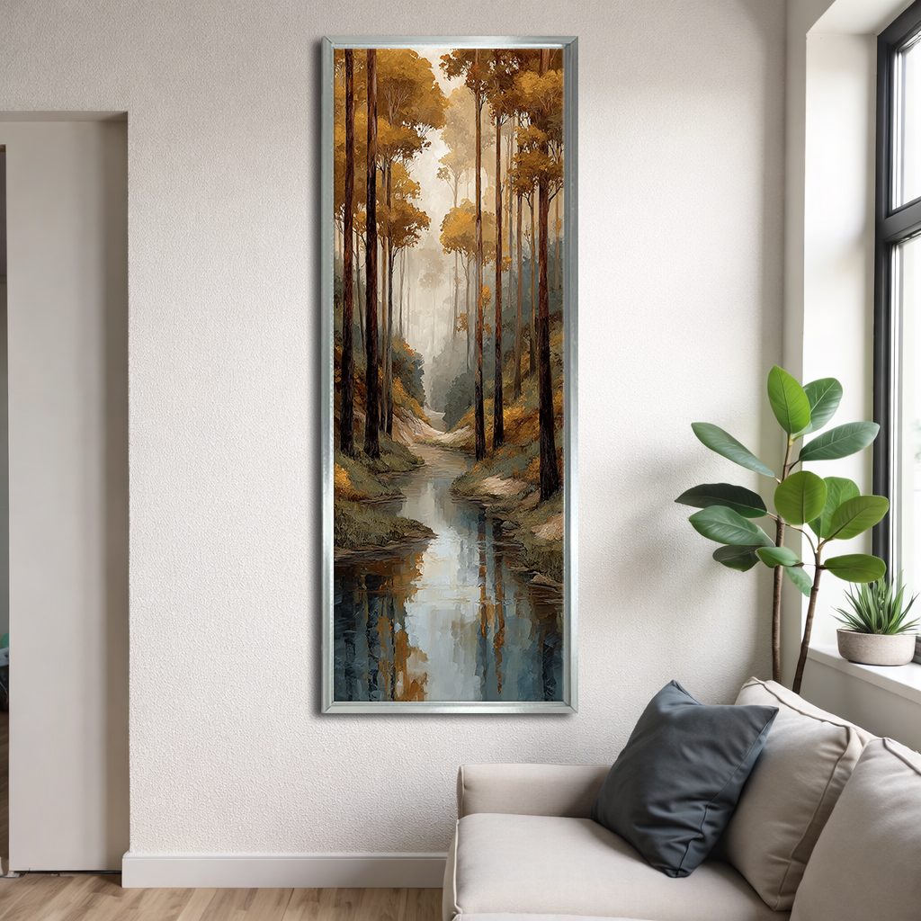 Autumn Forest Creek canvas wall art, silver floating frame