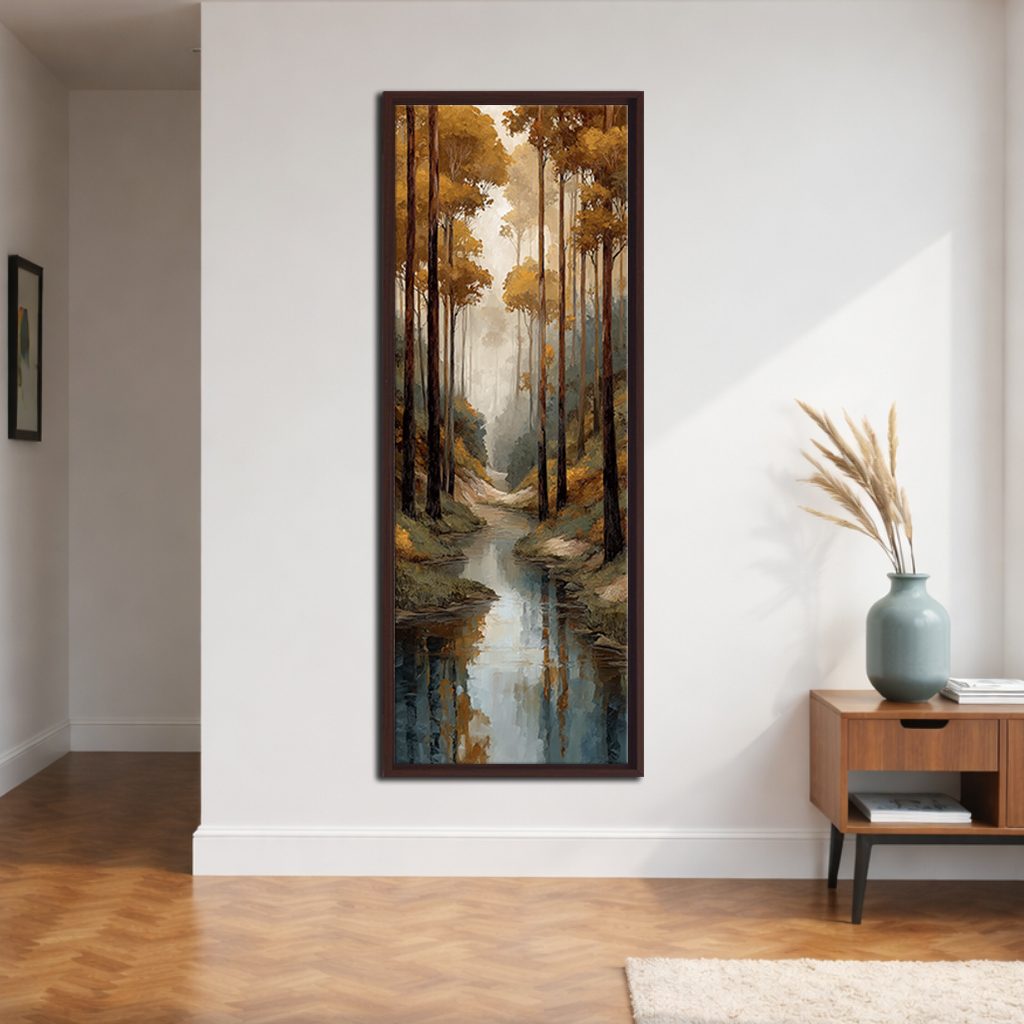 Autumn Forest Creek canvas wall art, walnut floating frame
