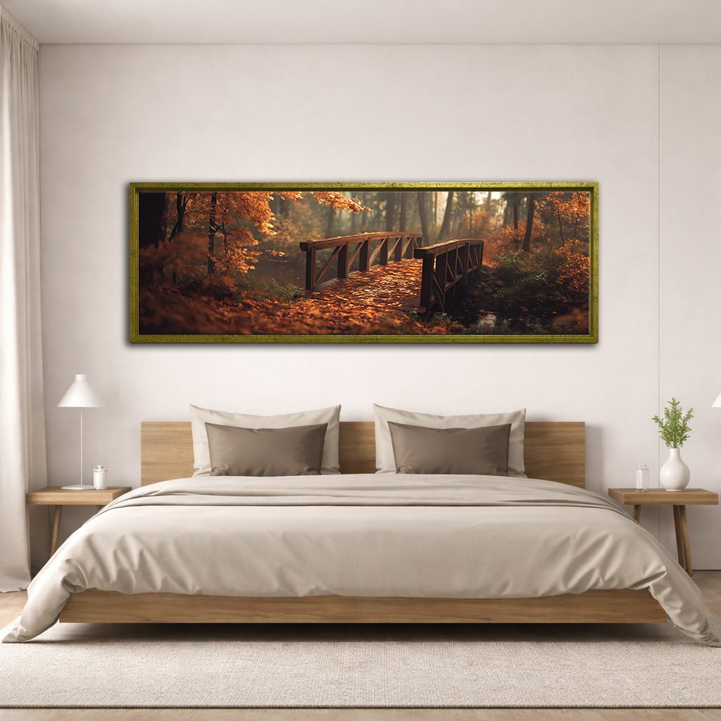 Autumn Forest Wooden Bridge canvas wall art, antique gold floating frame