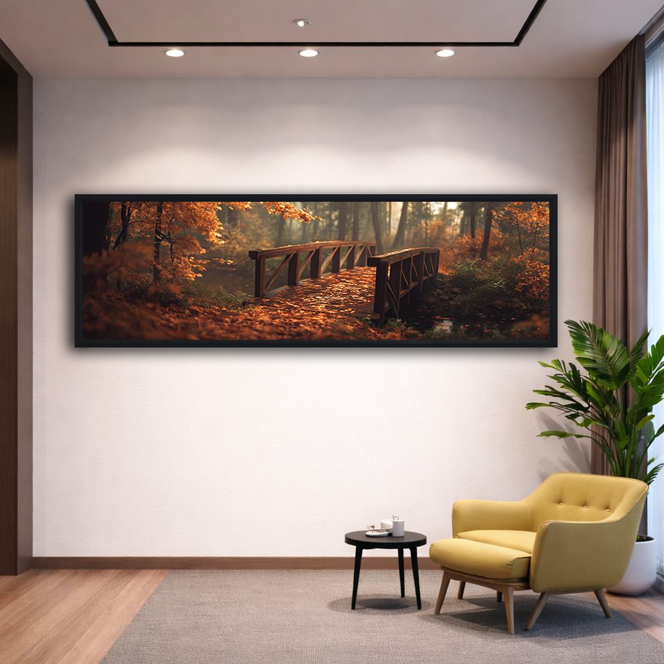 Autumn Forest Wooden Bridge canvas wall art, black floating frame
