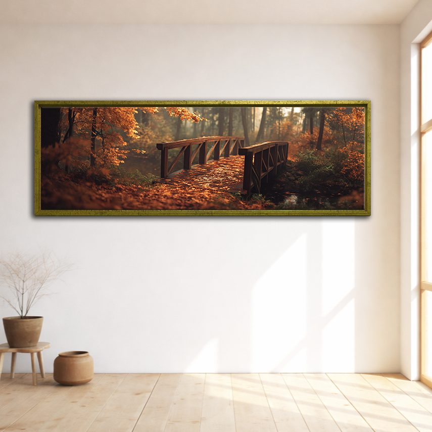 Autumn Forest Wooden Bridge canvas wall art, gold floating frame