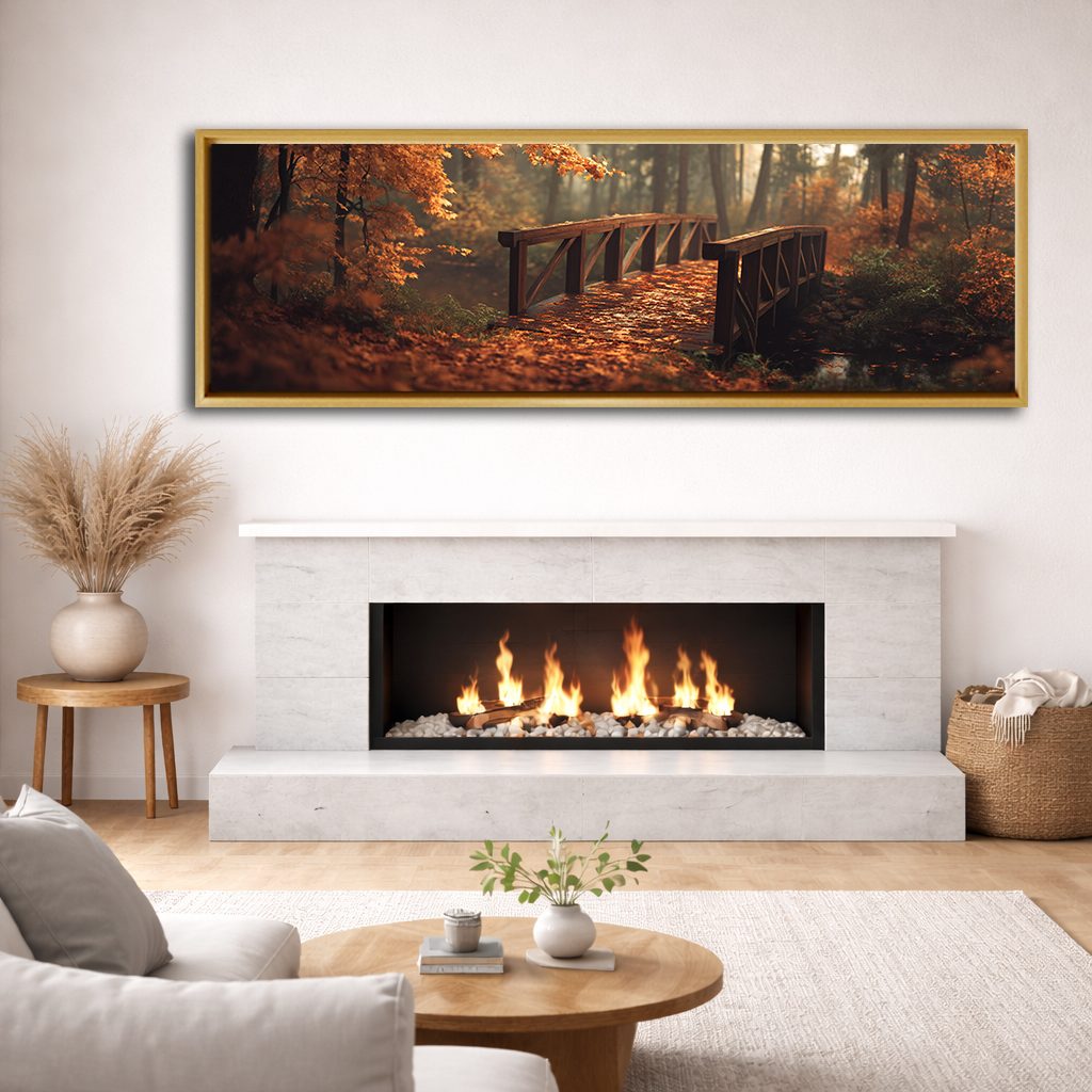 Autumn Forest Wooden Bridge canvas wall art, natural wood floating frame