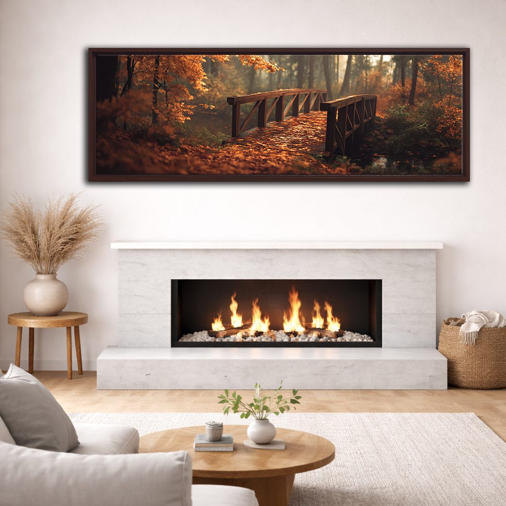 Autumn Forest Wooden Bridge canvas wall art, walnut floating frame