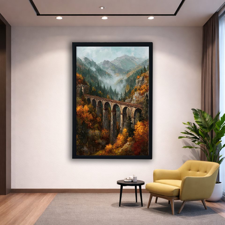 Autumn Mountain Viaduct Bridge canvas wall art, black floating frame