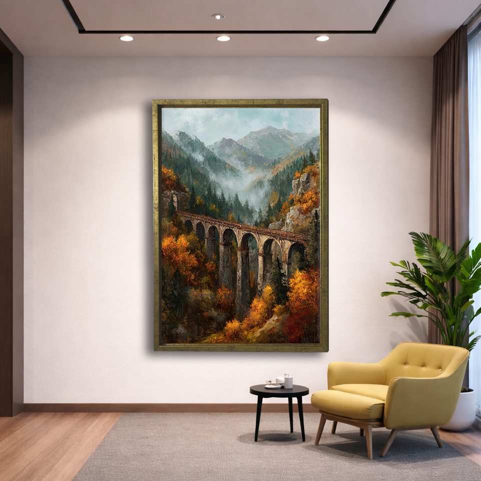 Autumn Mountain Viaduct Bridge canvas wall art, gold floating frame
