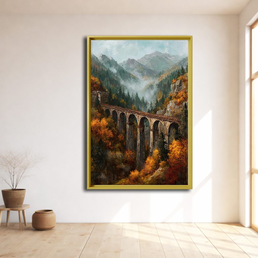 Autumn Mountain Viaduct Bridge canvas wall art, natural wood floating frame