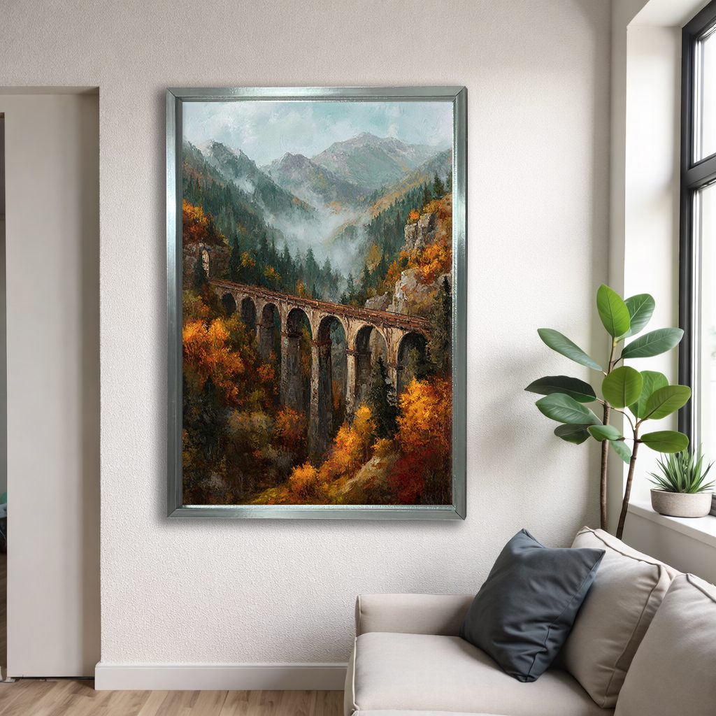 Autumn Mountain Viaduct Bridge canvas wall art, silver floating frame