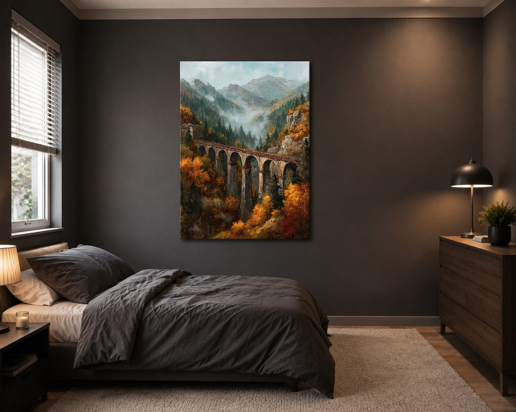 Autumn Mountain Viaduct Bridge canvas wall art, unframed canvas