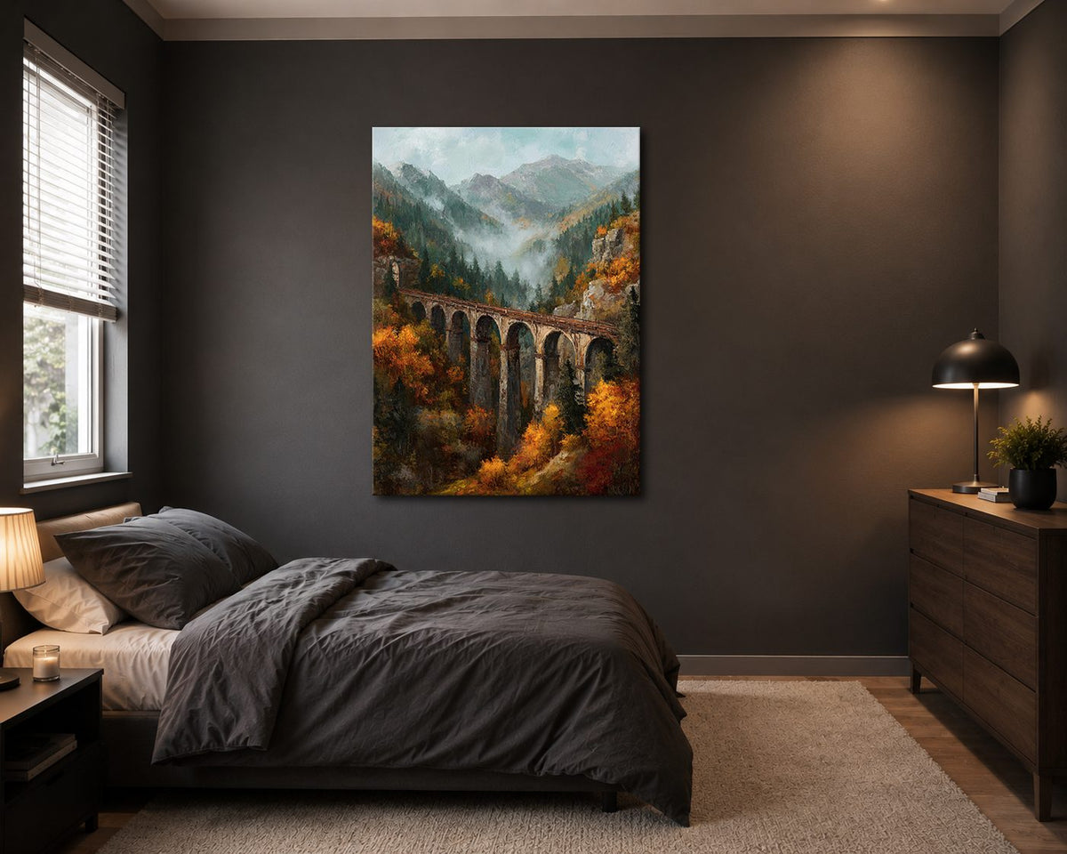 Autumn Mountain Viaduct Bridge canvas wall art, unframed canvas