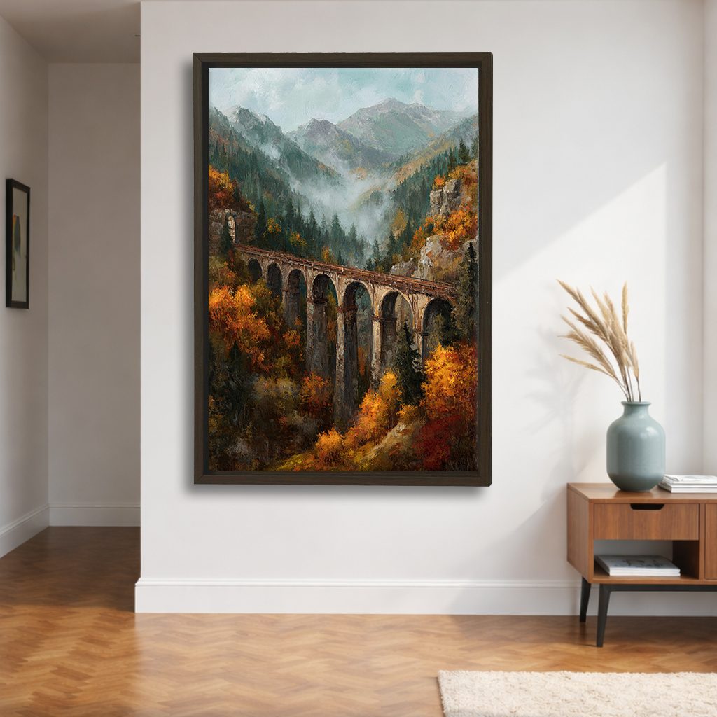 Autumn Mountain Viaduct Bridge canvas wall art, walnut floating frame