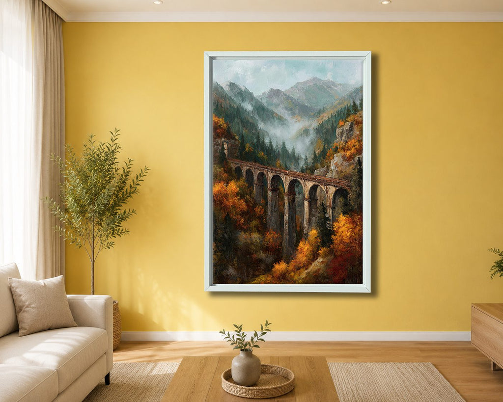 Autumn Mountain Viaduct Bridge canvas wall art, white floating frame