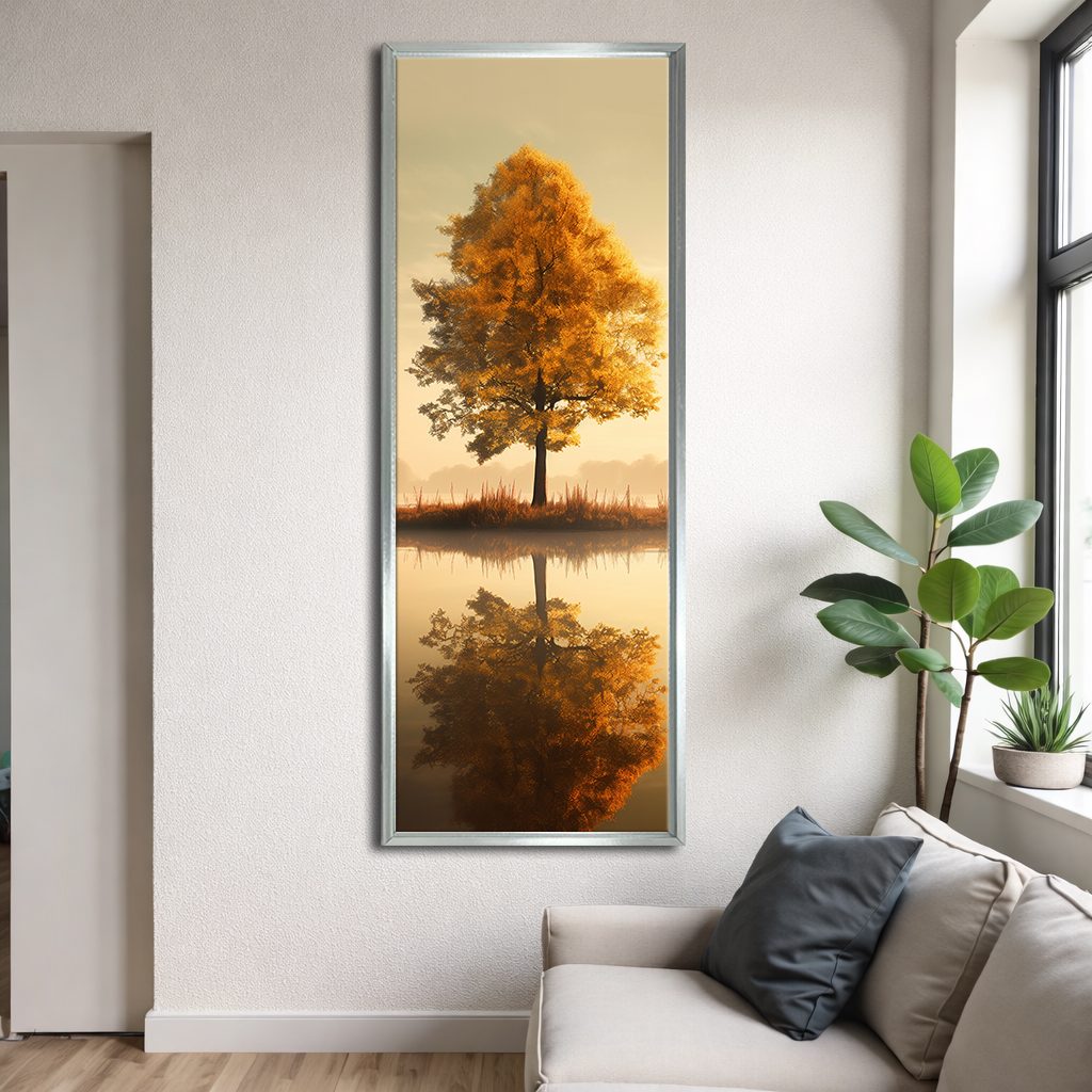 Autumn Tree Lake Reflection canvas wall art, silver floating frame