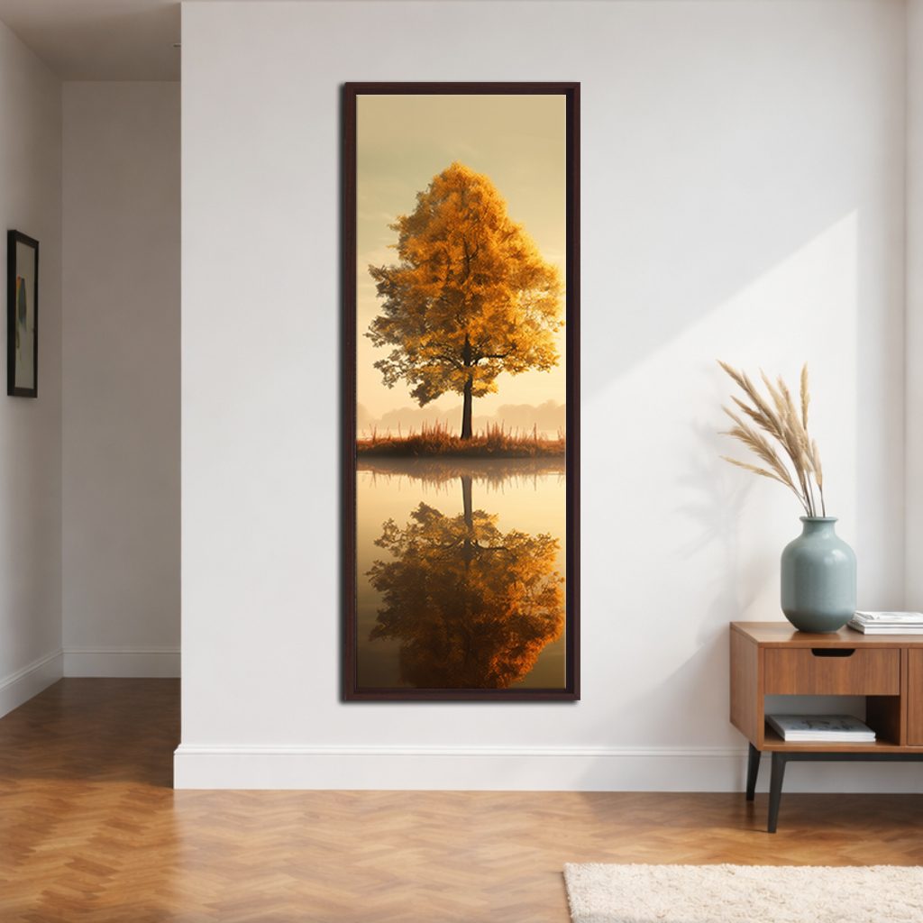 Autumn Tree Lake Reflection canvas wall art, walnut floating frame