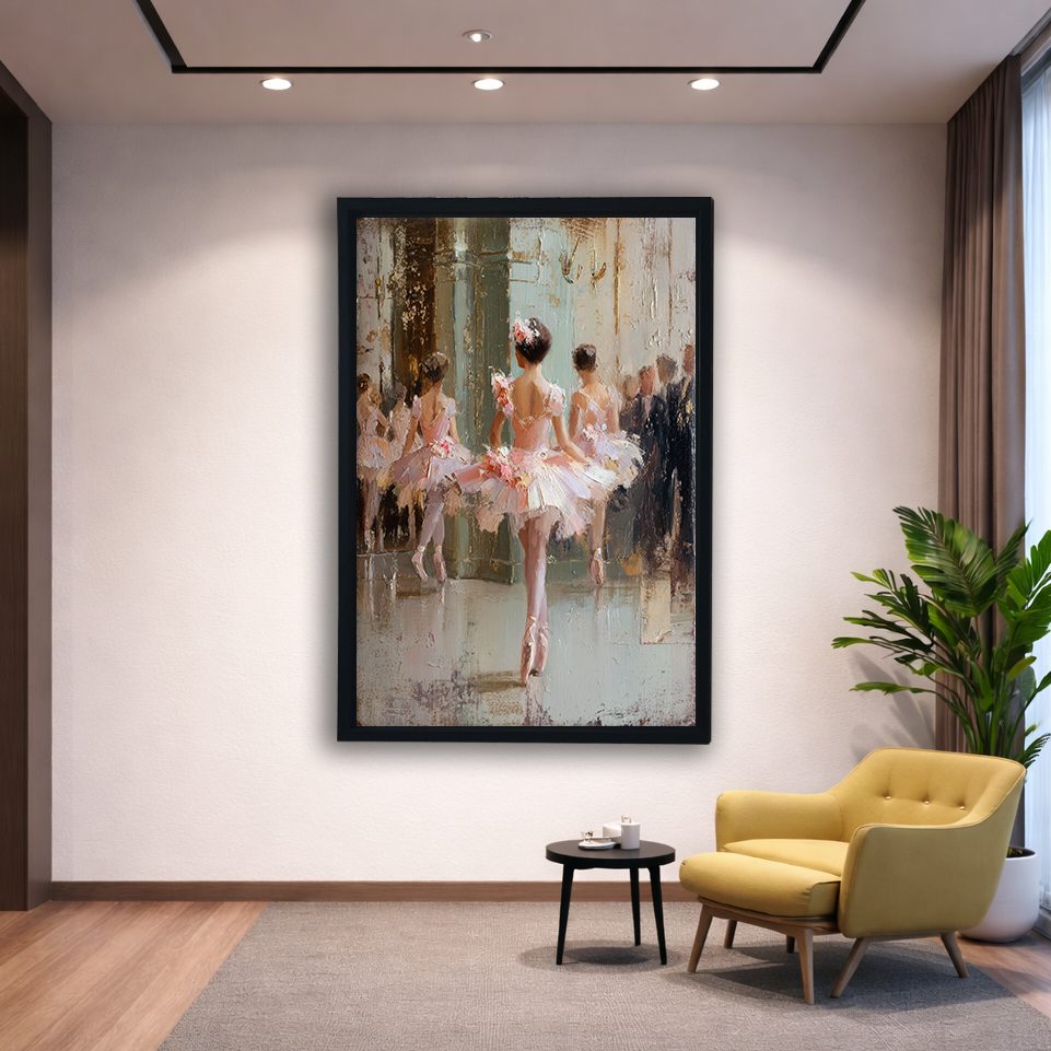 Ballerinas in Pink Tutus canvas wall art, black floating frame