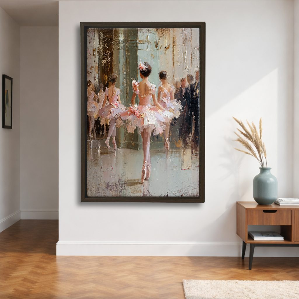 Ballerinas in Pink Tutus canvas wall art, walnut floating frame