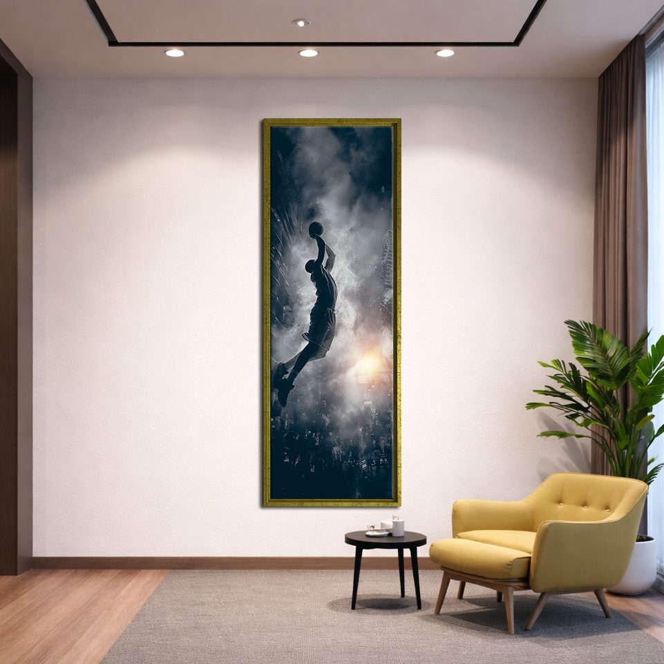 Basketball Slam Dunk Silhouette canvas wall art, gold floating frame