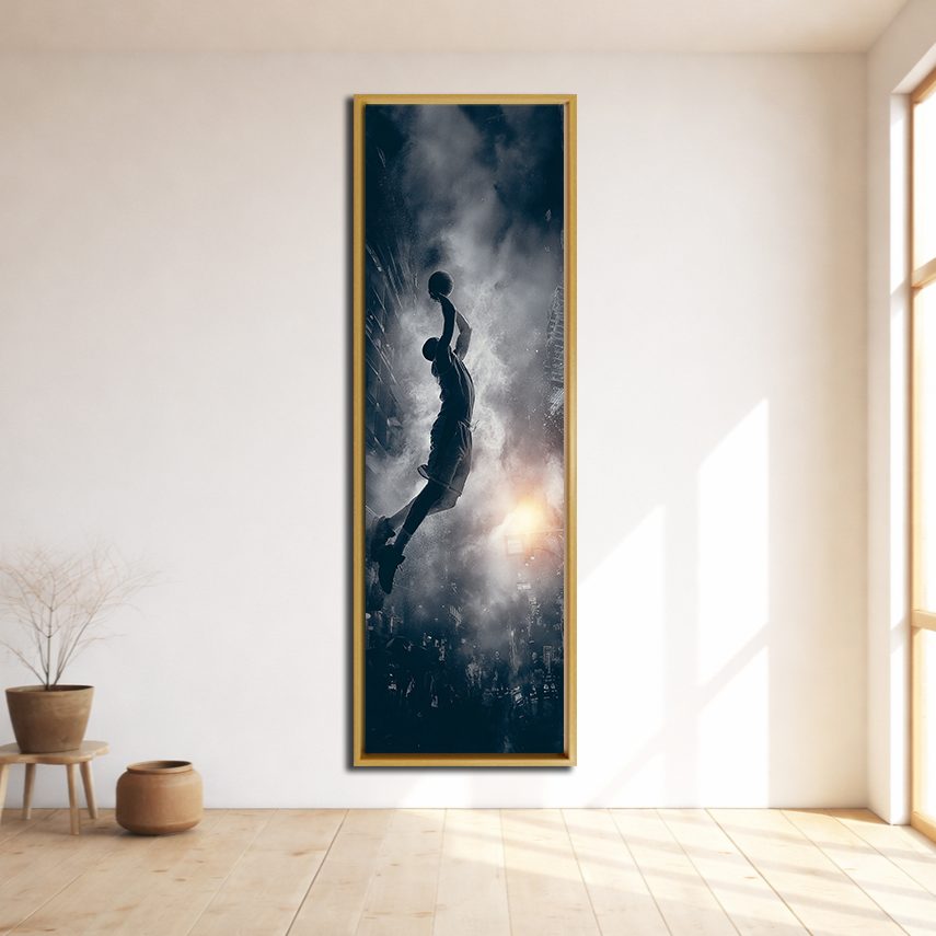 Basketball Slam Dunk Silhouette canvas wall art, natural wood floating frame