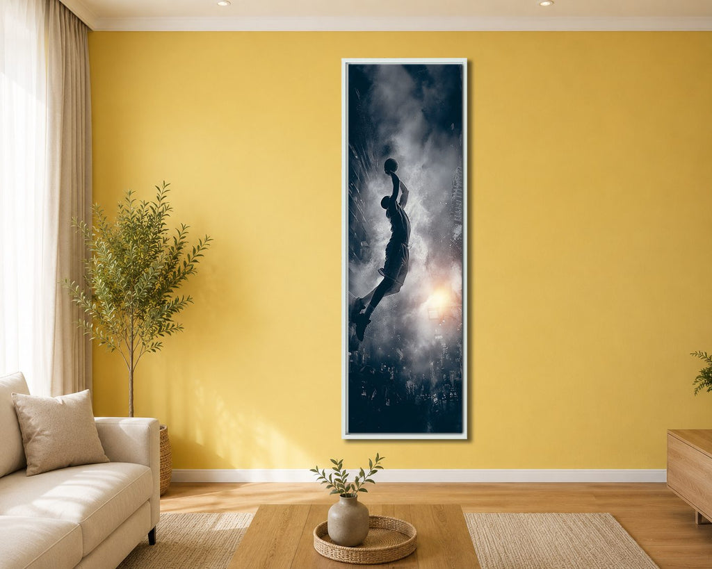 Basketball Slam Dunk Silhouette canvas wall art, white floating frame