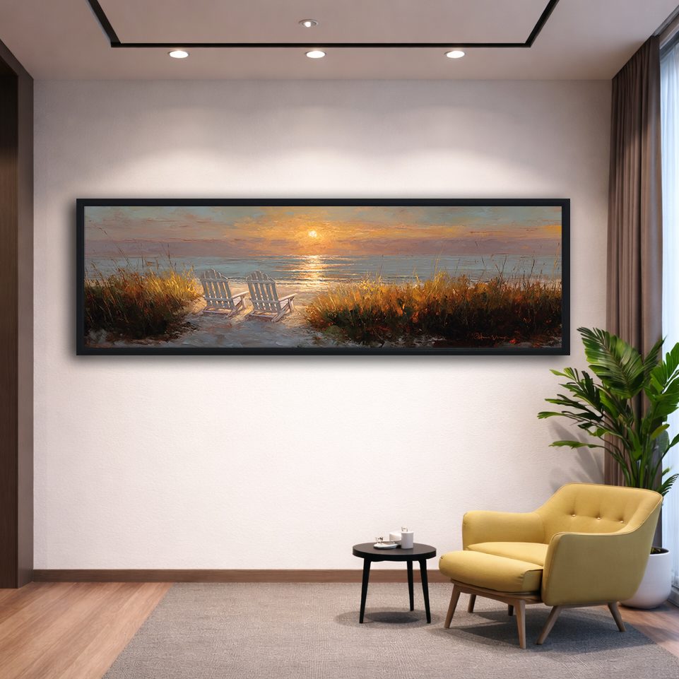 Beach Chairs at Sunset canvas wall art, black floating frame