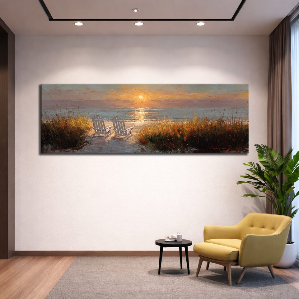 Beach Chairs at Sunset canvas wall art, unframed canvas