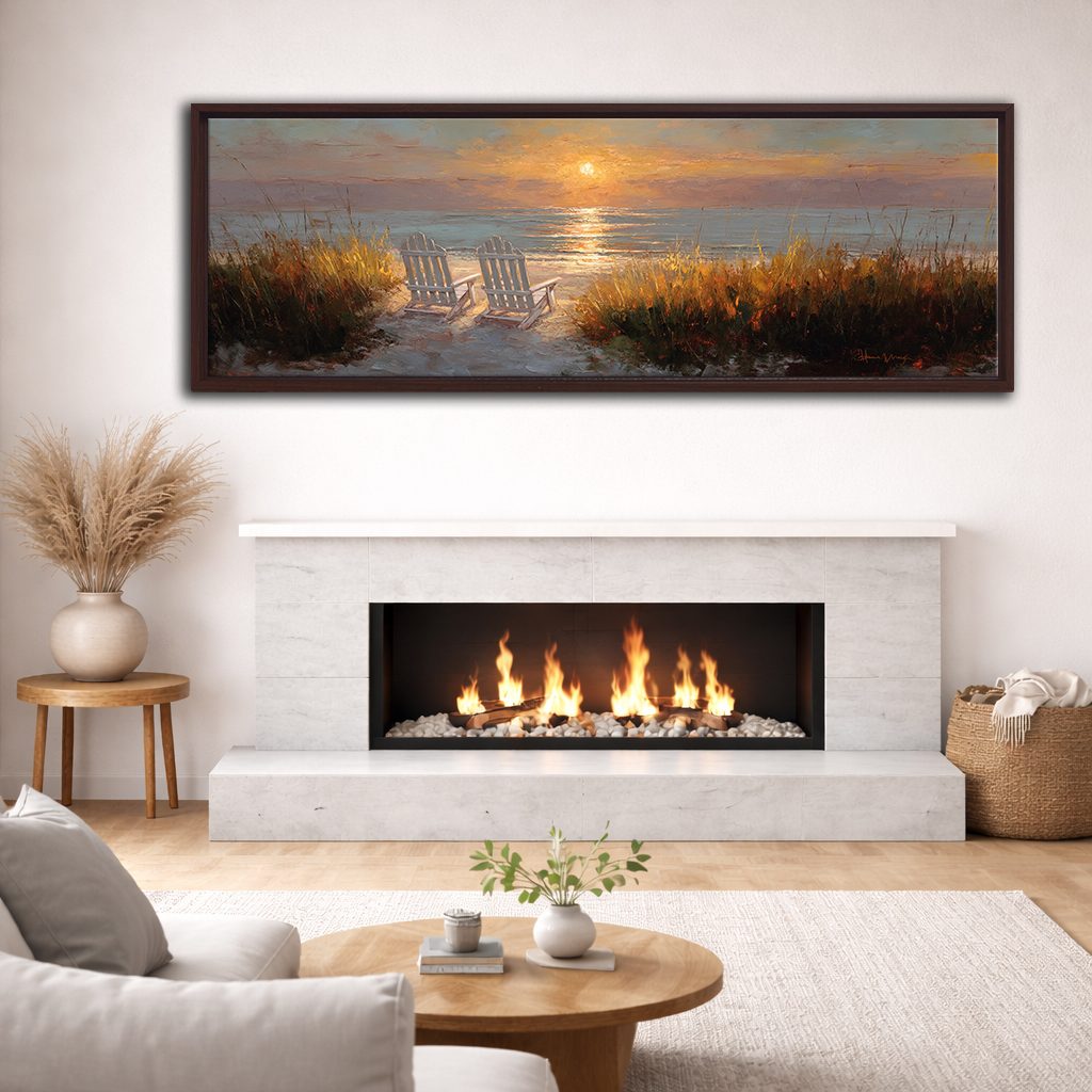Beach Chairs at Sunset canvas wall art, walnut floating frame