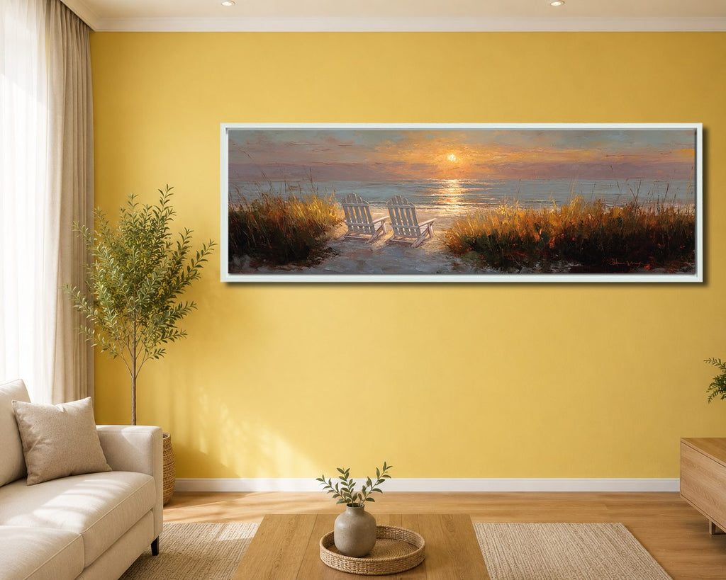Beach Chairs at Sunset canvas wall art, white floating frame