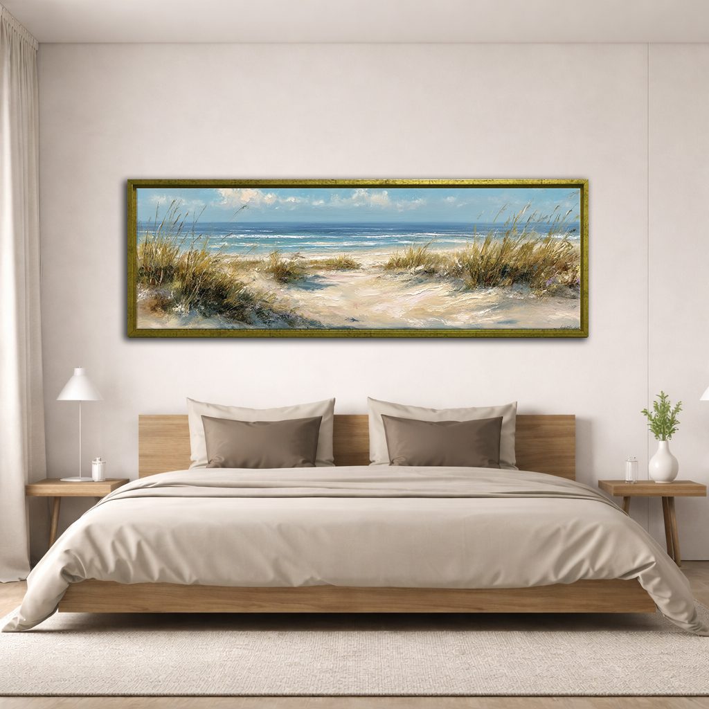 Beach Dunes and Ocean canvas wall art, antique gold floating frame