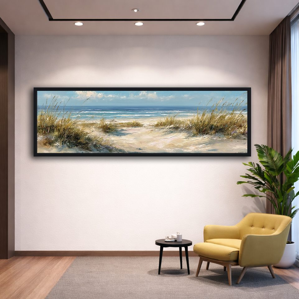 Beach Dunes and Ocean canvas wall art, black floating frame