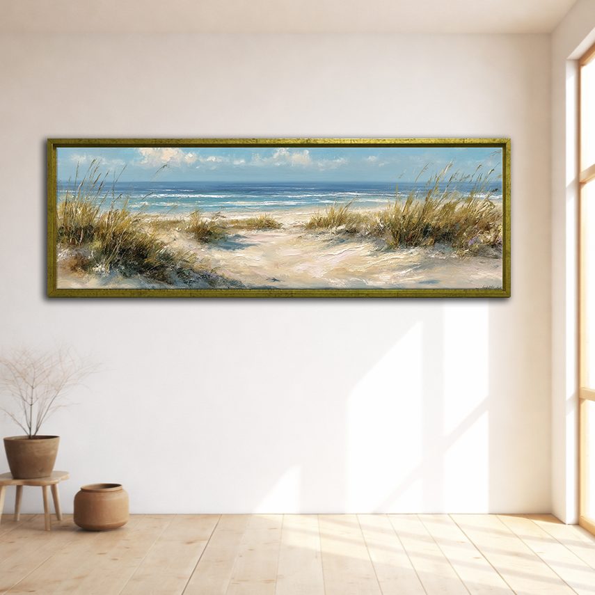 Beach Dunes and Ocean canvas wall art, gold floating frame