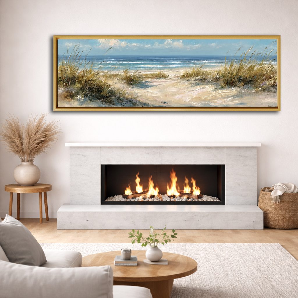 Beach Dunes and Ocean canvas wall art, natural wood floating frame