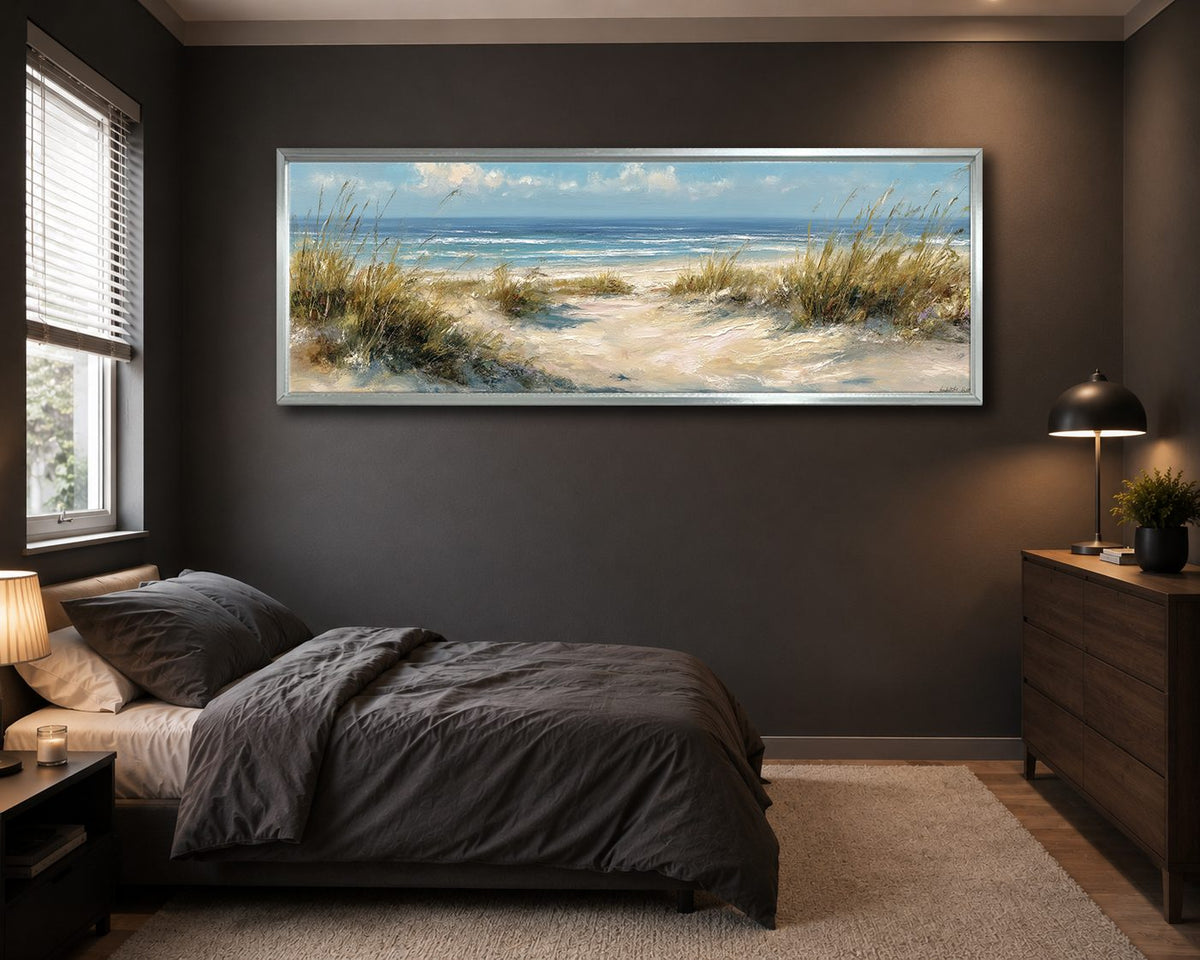Beach Dunes and Ocean canvas wall art, silver floating frame