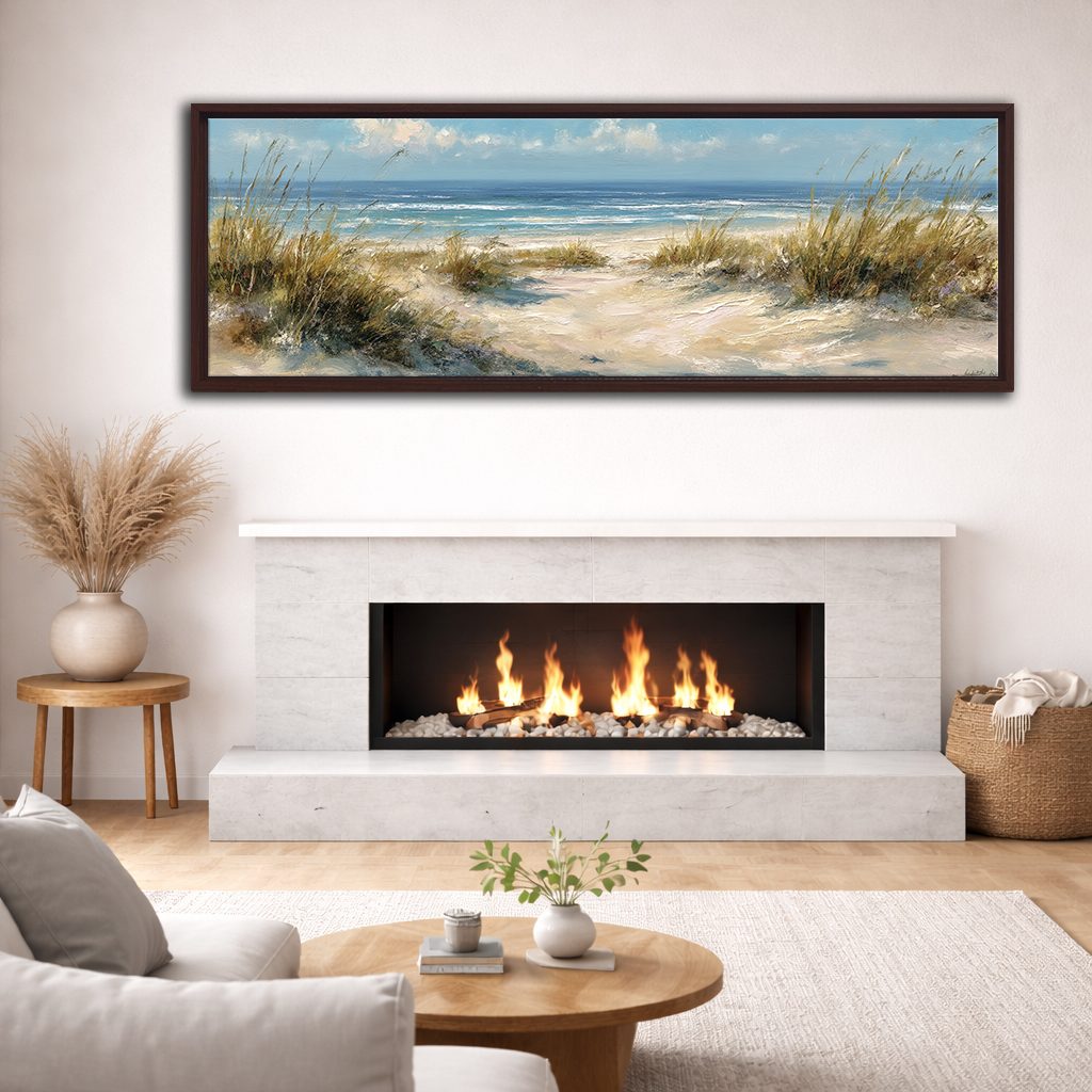 Beach Dunes and Ocean canvas wall art, walnut floating frame