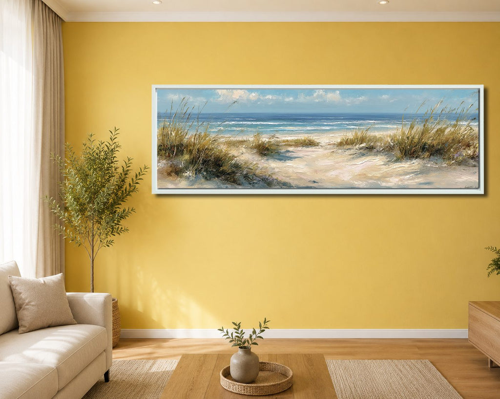 Beach Dunes and Ocean canvas wall art, white floating frame