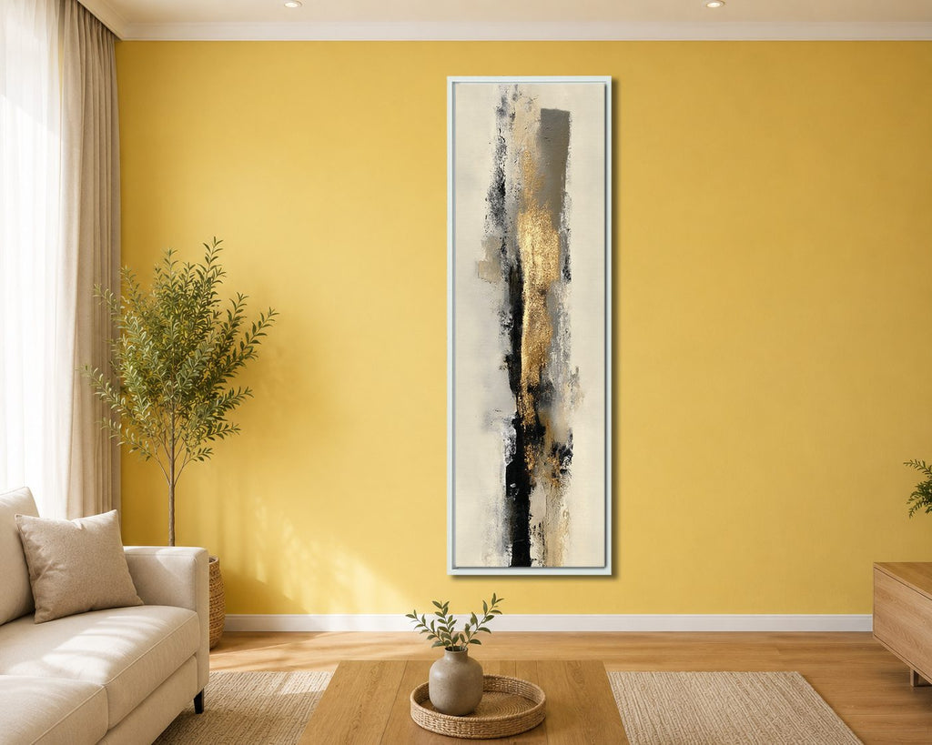 Beige Gold and Black Brushstroke Abstract canvas wall art, white floating frame