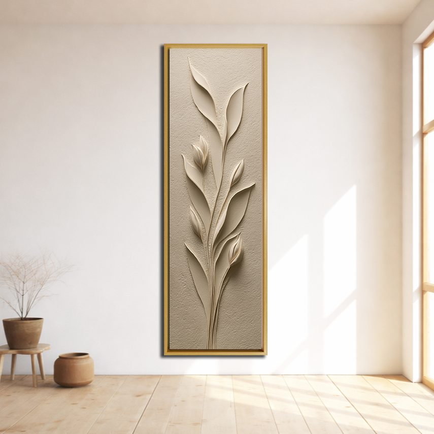 Beige Sculpted Tulip Botanical canvas wall art, natural wood floating frame