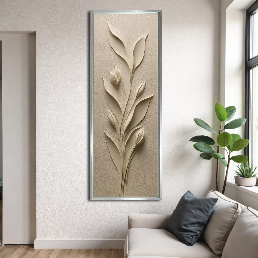 Beige Sculpted Tulip Botanical canvas wall art, silver floating frame